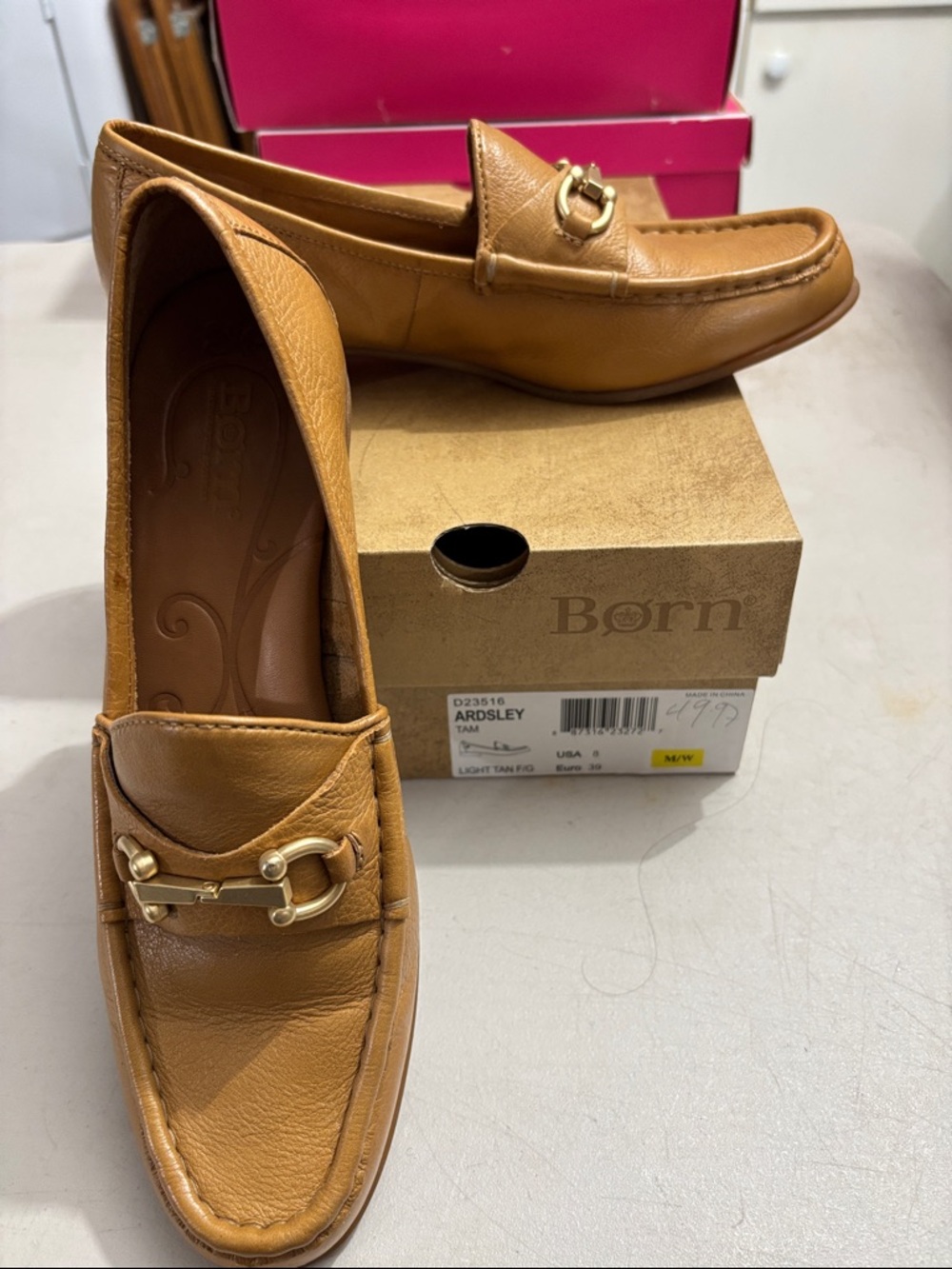 Born Tan Leather Loafers with Gold Bit Accent